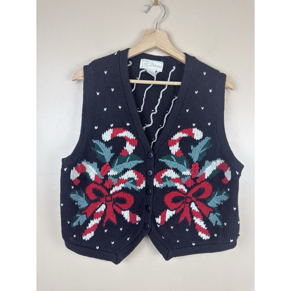 Vintage id Distinctions Christmas Sweater Vest Women’s L Candy Cane Embroidered